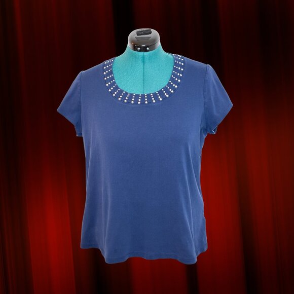 Dressbarn Blue Babydoll Tee with Rhinestone Collar, 2X - Picture 1 of 4